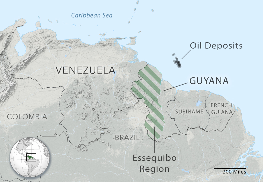 A map of the Essequibo region and the offshore oil deposits