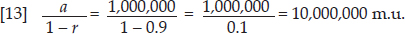 In our example, r=0.9 and a=1,000,000 m.u., and hence the sum of the terms would be equal to: