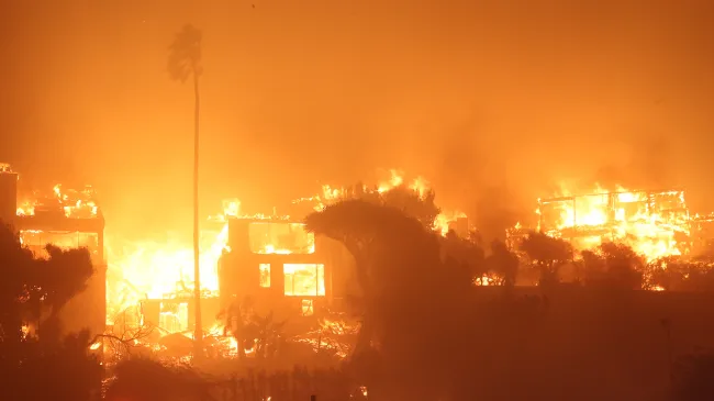 Buildings burn in the Palisades Fire of January, 2025
