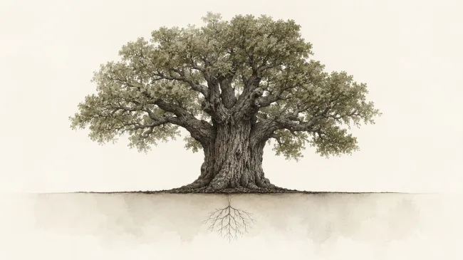 A large, old tree with small, young roots