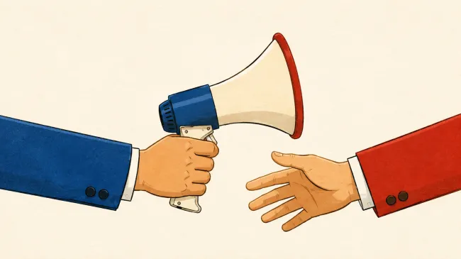 One figure hands a megaphone off to another