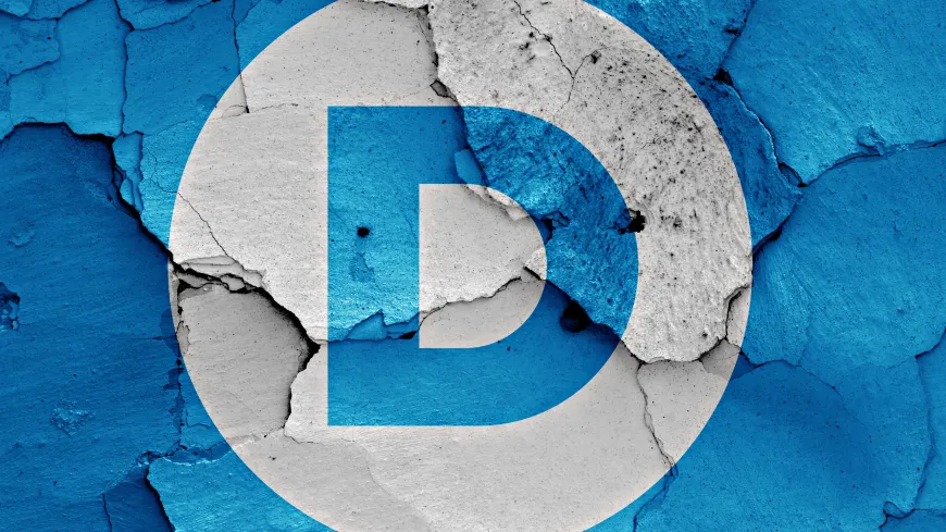 The Democratic Party flag on a cracked wall