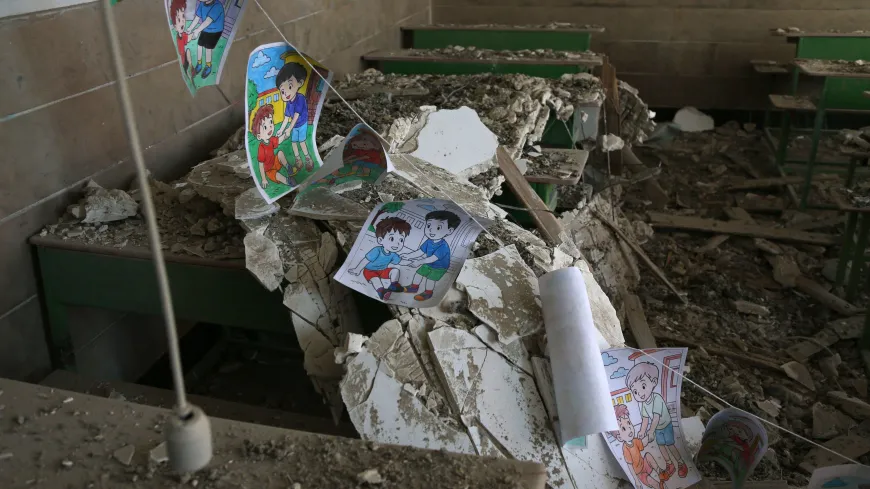 This photo taken on March 3, 2026 shows the debris inside a classroom of Shahid Mahallati School in Tehran, Iran. The school was damaged in the ongoing joint military campaign by the United States and Israel.