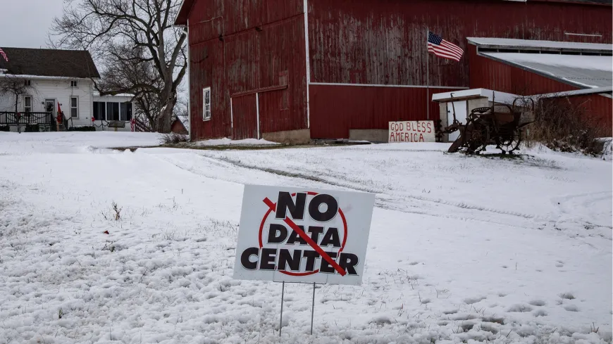 A sign protesting data centers in front of a Michigan barn