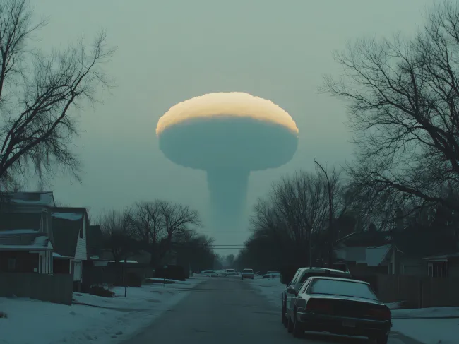 Nuclear explosion rising above suburban street